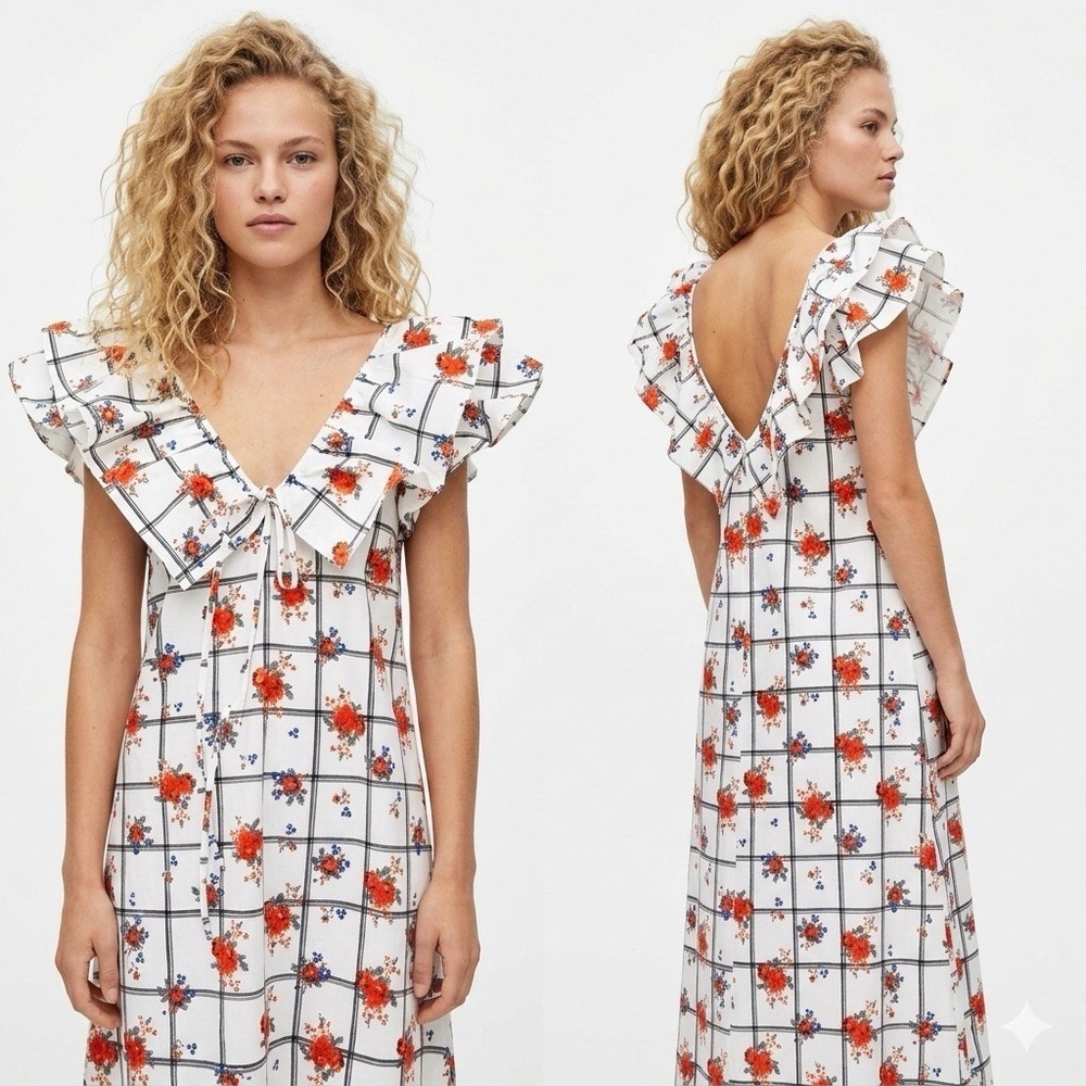 Zara‎ Sundress Midi Dress Medium White Floral Check Print Ruffle Cottagecore